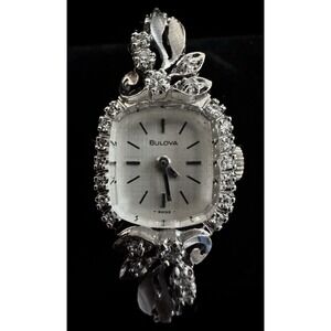 Vintage Bulova 14K White Gold Diamond Watch Bracelet 1978 Estate Ladies